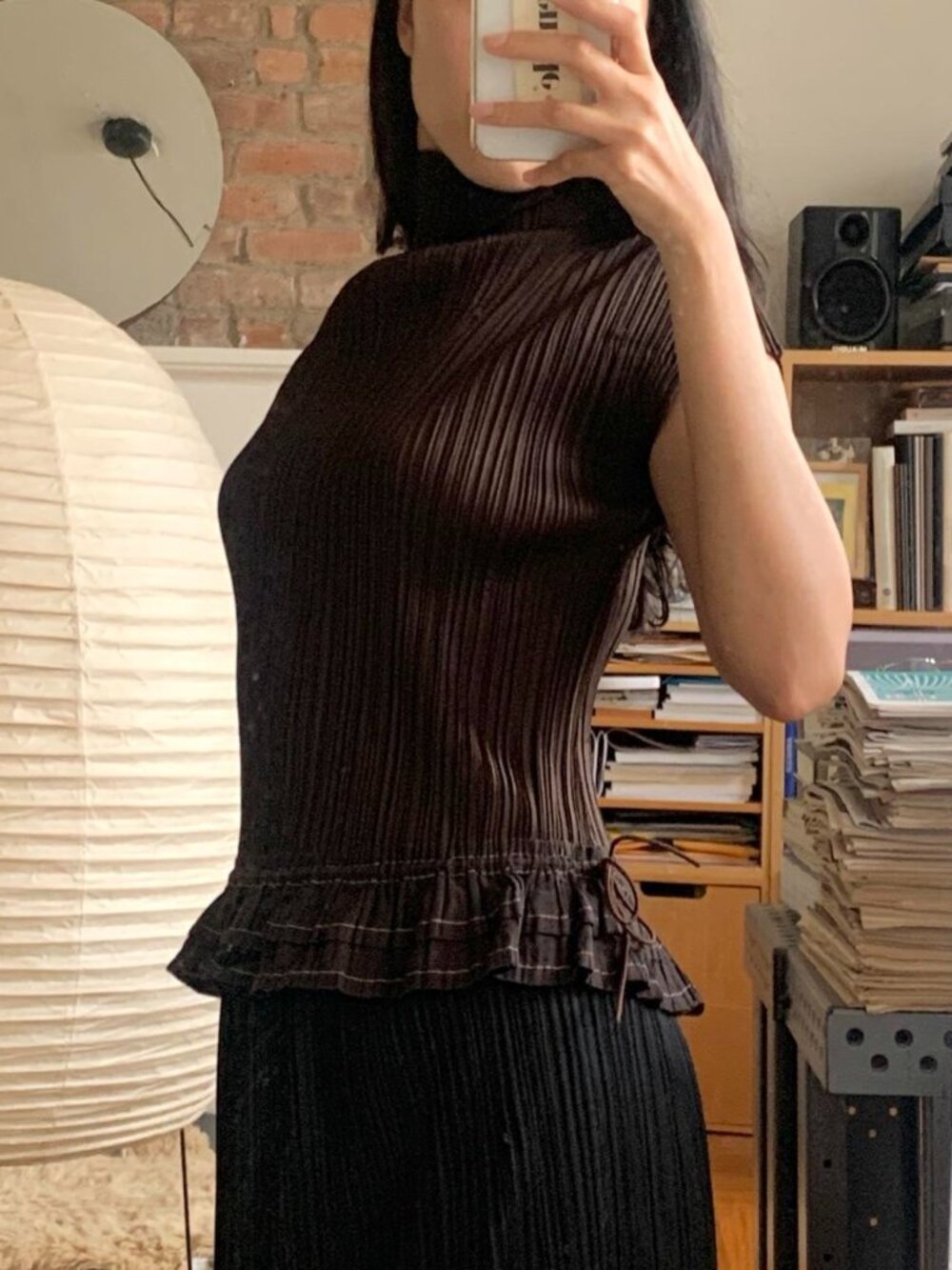 Issey Miyake Pleats Please Cotton Ruffle Bungee Top Brown JP3